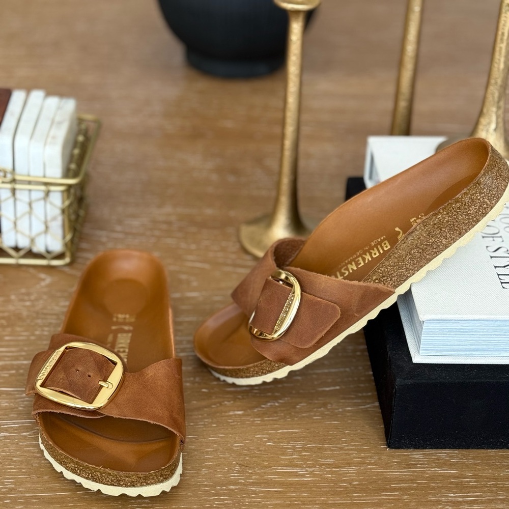 Birkenstock Madrid Big Buckle Cognac Oiled Leather Sandals Size 38